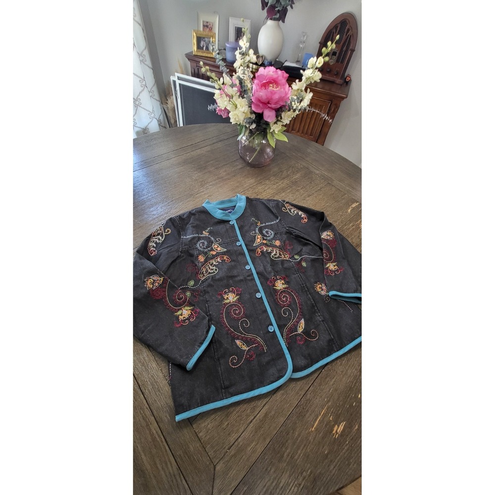 Denim & Co Vintage Embroidered Art to Wear Jacket Womens XL‎ Black Paisley Boho